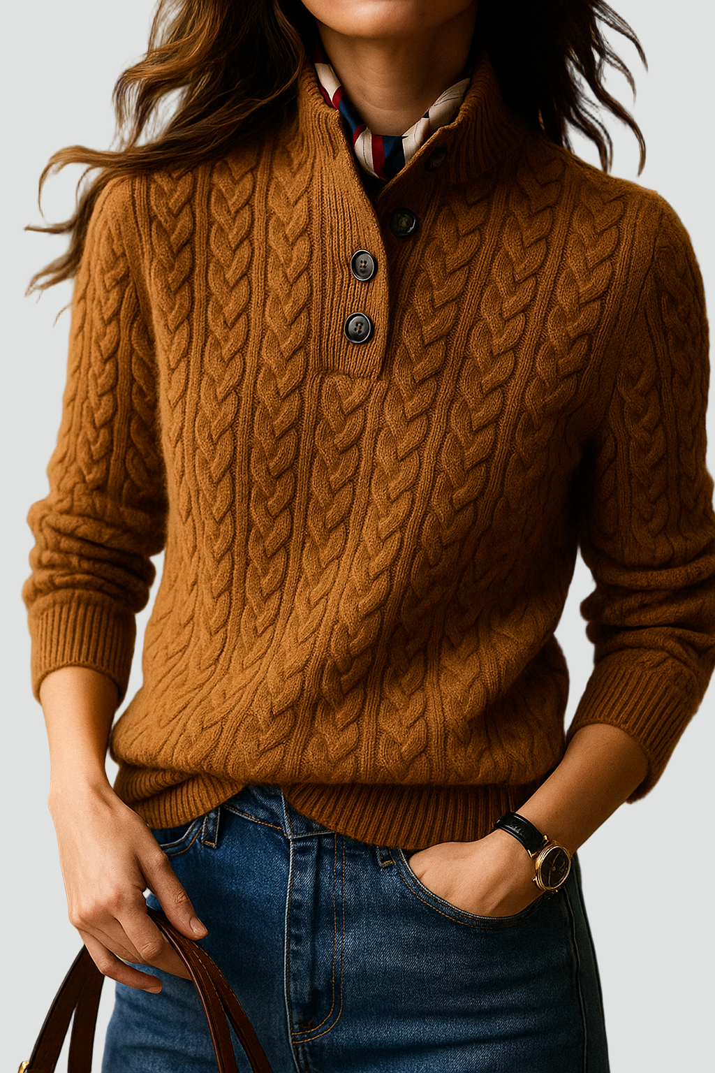 Rhoswen - Women's Cable Knit Jumper with Button Neck