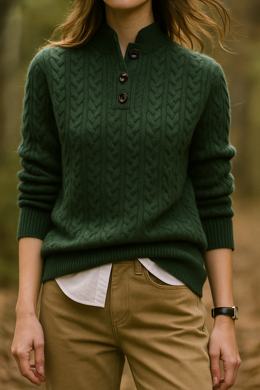 Rhoswen - Women's Cable Knit Jumper with Button Neck