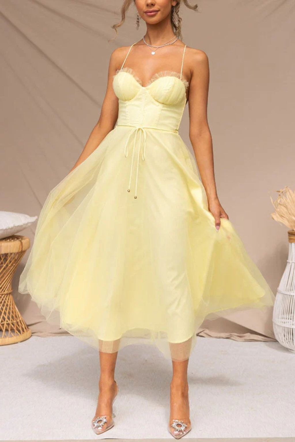 Robe Midi Femme Bustier en Tulle Élégant pour Soirées et Occasions Romantiques