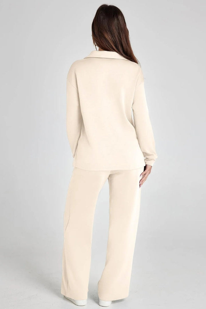 Women's Lounge Set with Collared V Neck Top and Wide Leg Pants