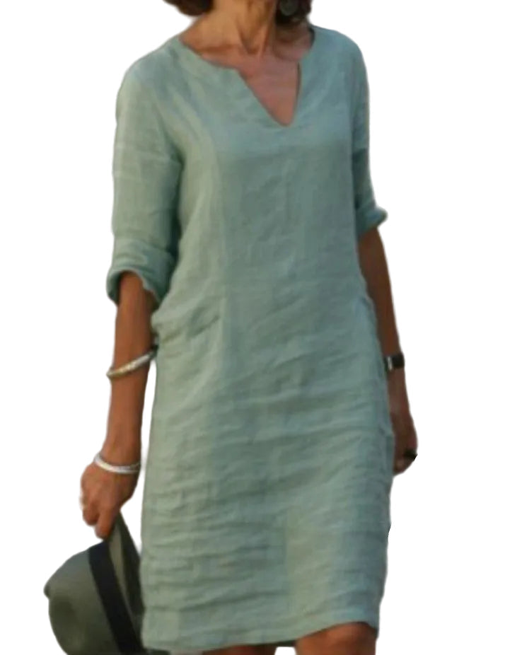 Women's Relaxed Fit Casual V-Neck Linen-Style Midi Dress for Summer
