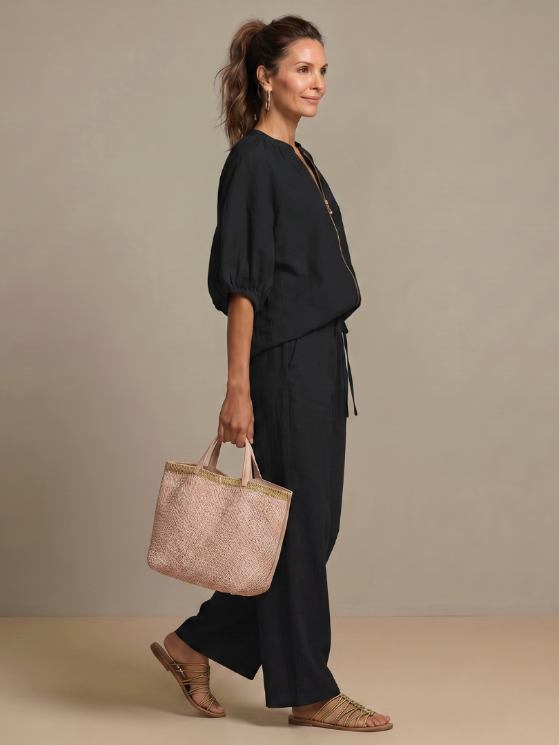 Women's Zip Front Blouson Top Wide Leg Set - photo 15