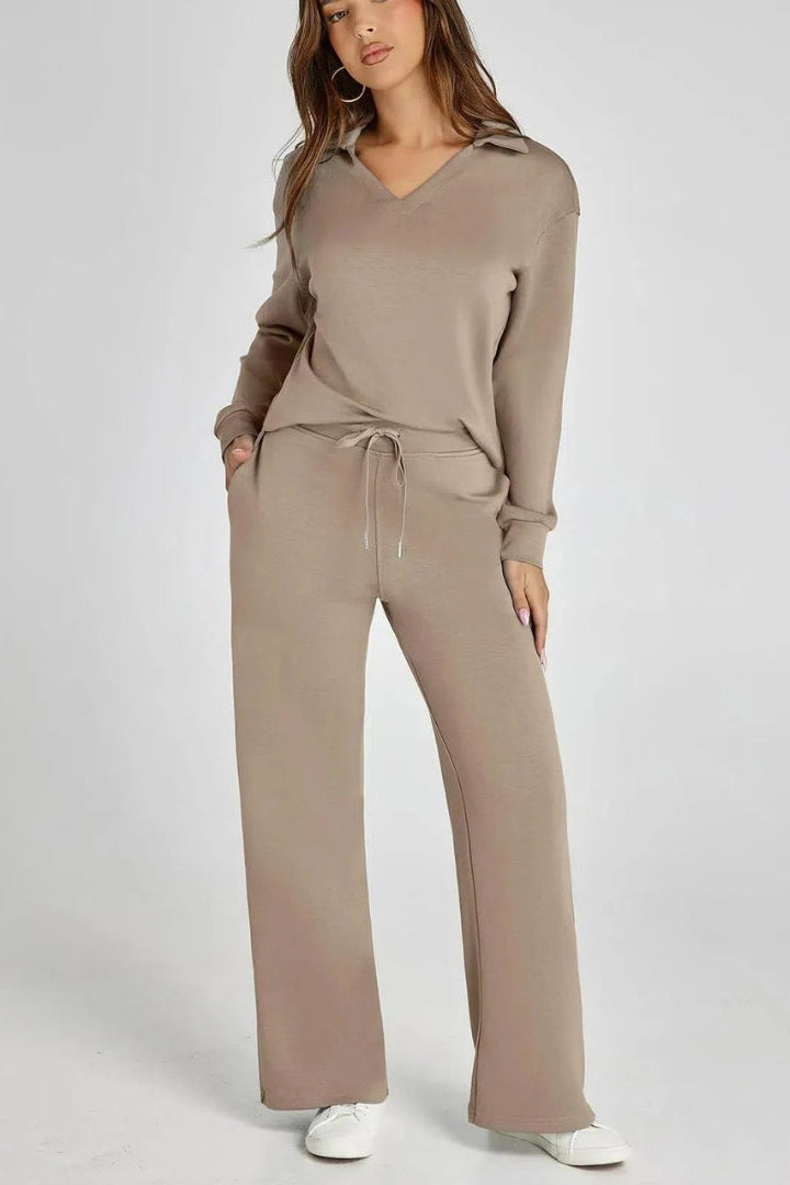 Women's Lounge Set with Collared V Neck Top and Wide Leg Pants
