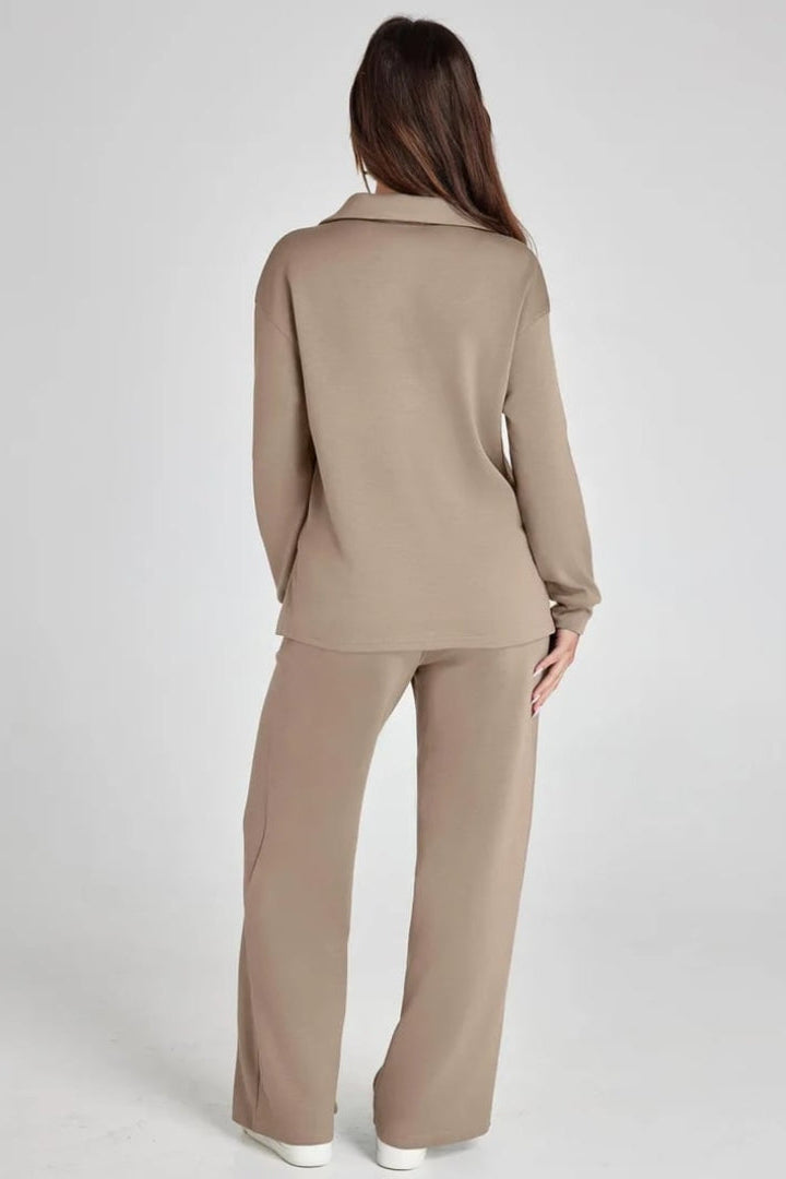 Women's Lounge Set with Collared V Neck Top and Wide Leg Pants
