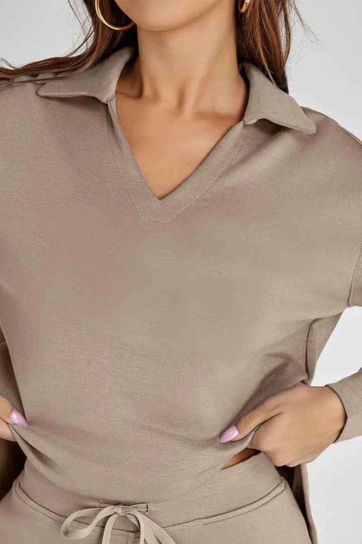 Women's Lounge Set with Collared V Neck Top and Wide Leg Pants