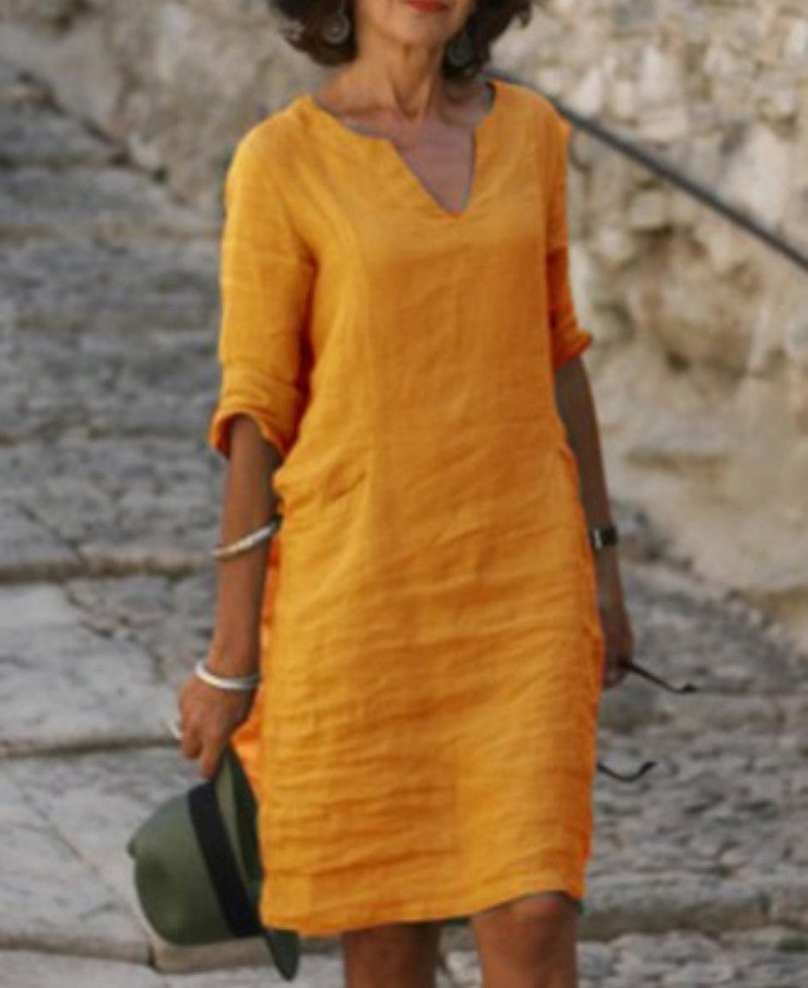 Women's Relaxed Fit Casual V-Neck Linen-Style Midi Dress for Summer