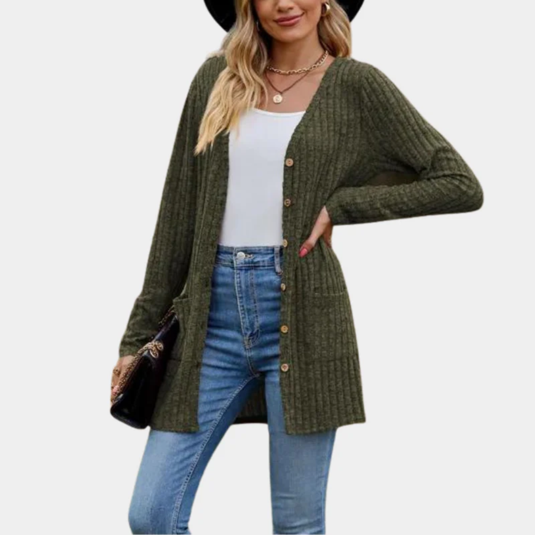 Micaela - Women's Ribbed Longline Cardigan with Button Front
