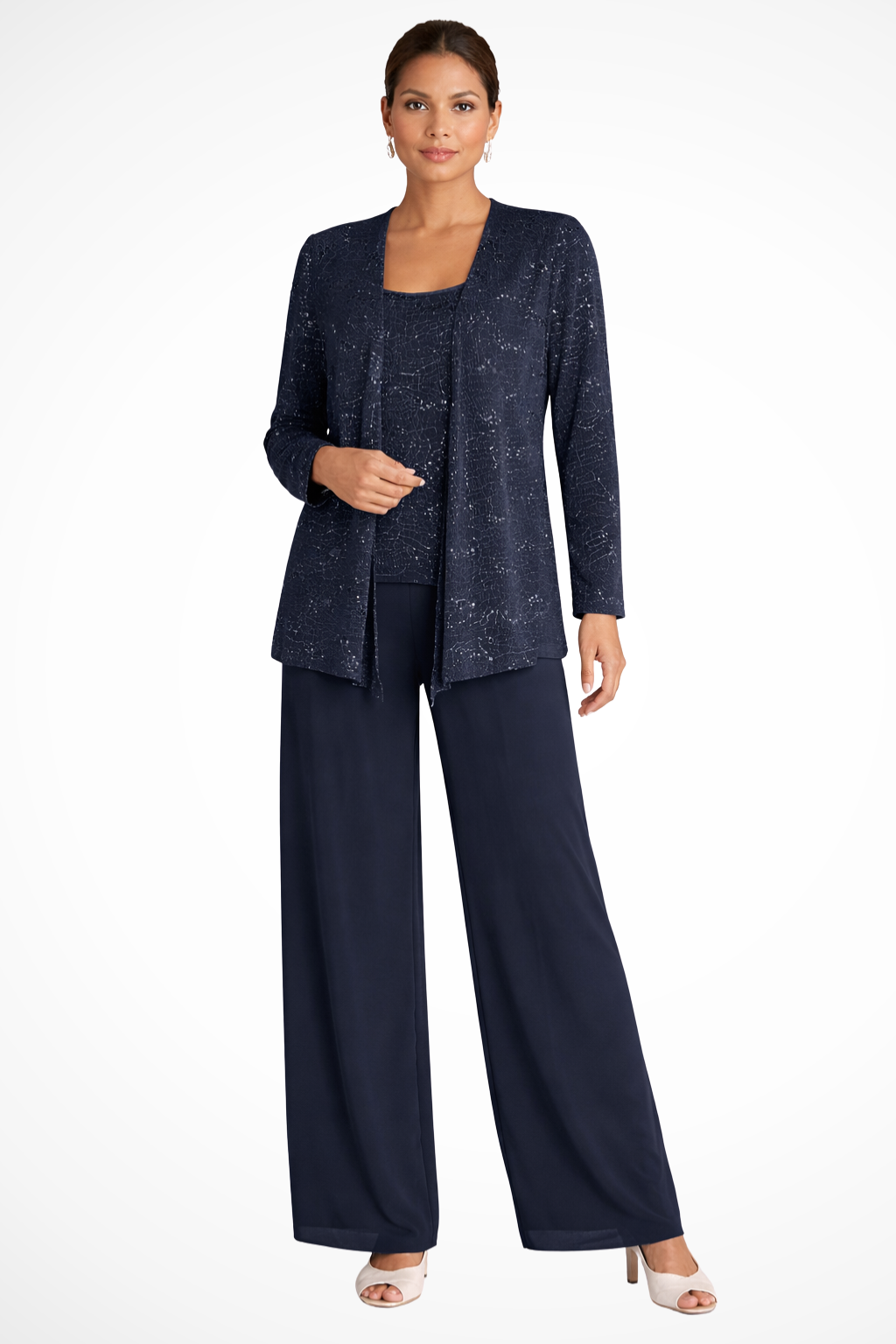Women's Sequin Lace Three Piece Trouser Suit Wide Leg