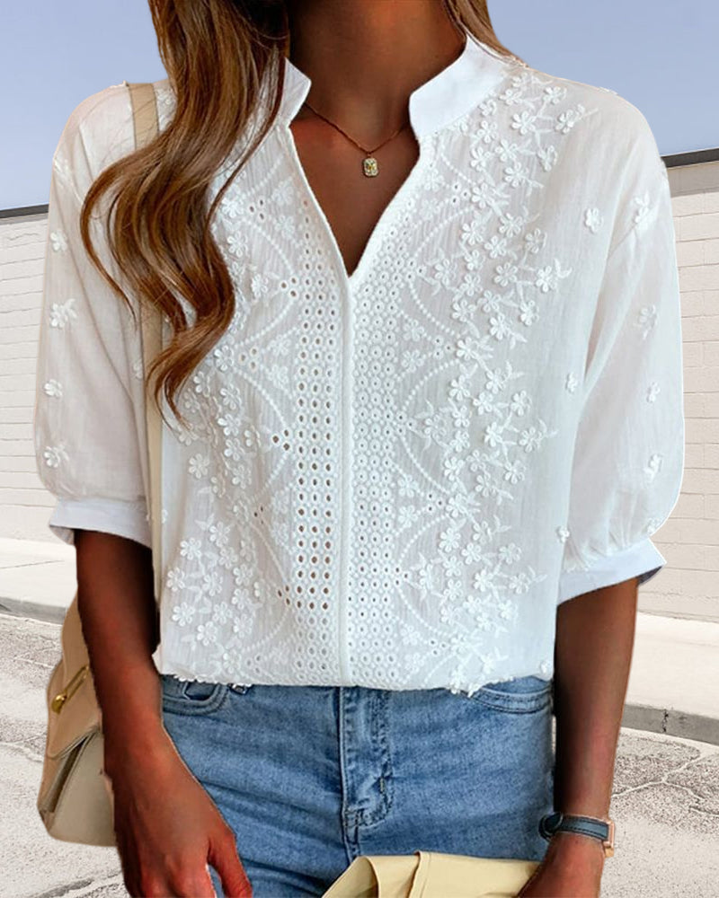 Women's White Blouse V-neck Puff Sleeves Embroidered Details