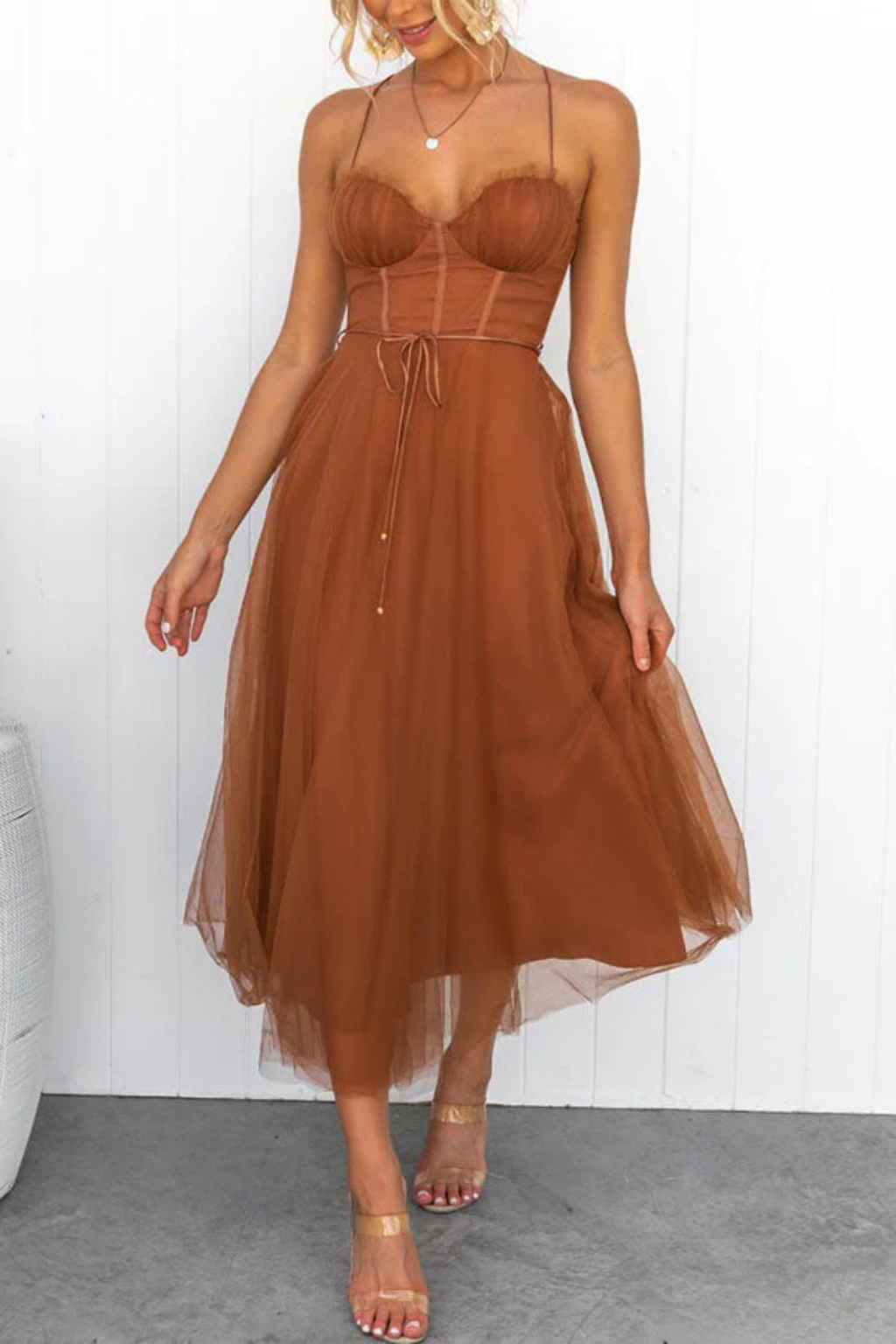 Robe Midi Femme Bustier en Tulle Élégant pour Soirées et Occasions Romantiques