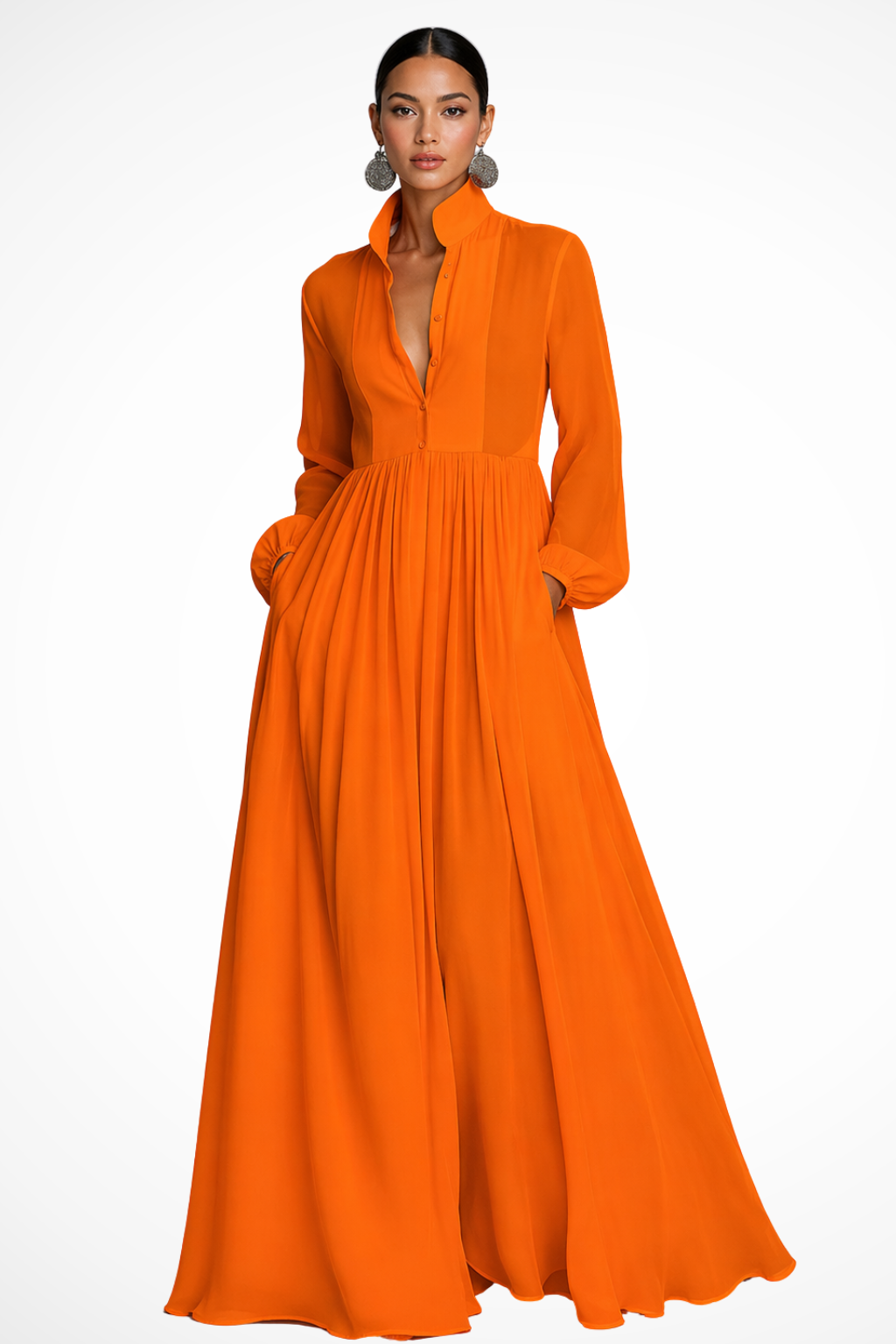 Women's Long Sleeve Maxi Dress with Button Front