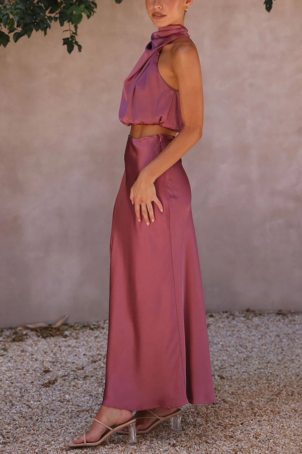 Ensemble Deux Pièces Satiné à Col Halter pour Femme Tenue de Soirée à Dos Nu