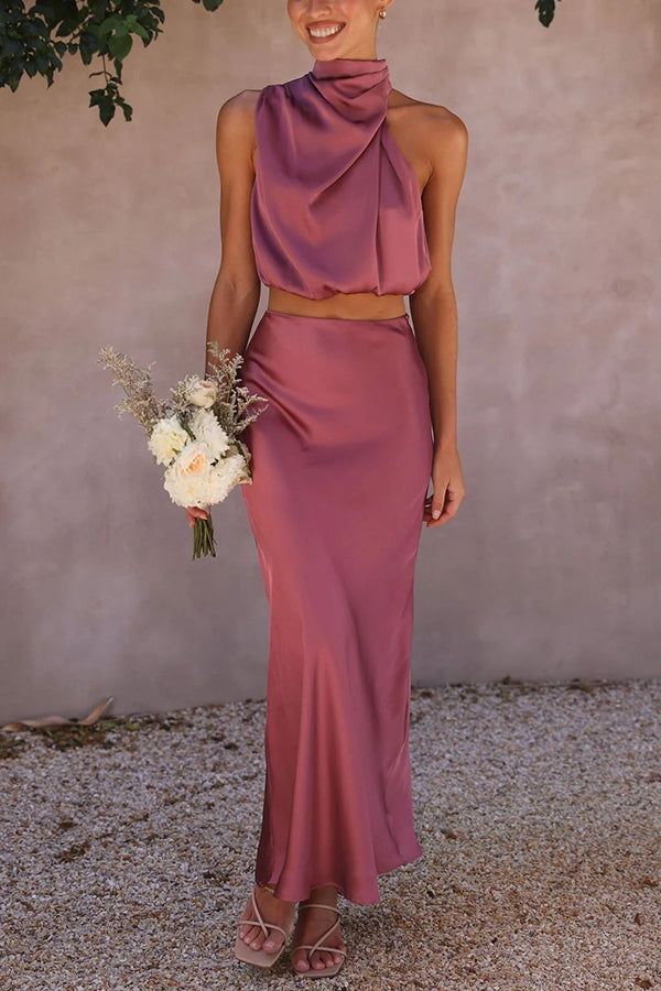Ensemble Deux Pièces Satiné à Col Halter pour Femme Tenue de Soirée à Dos Nu