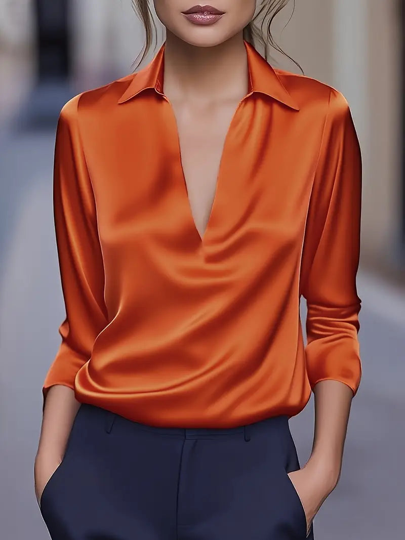 Women's V Neck Blouse with Satin Finish and Flowing Drape