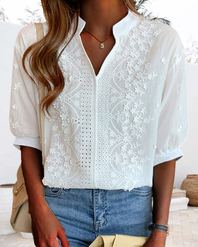 Women's White Blouse V-neck Puff Sleeves Embroidered Details