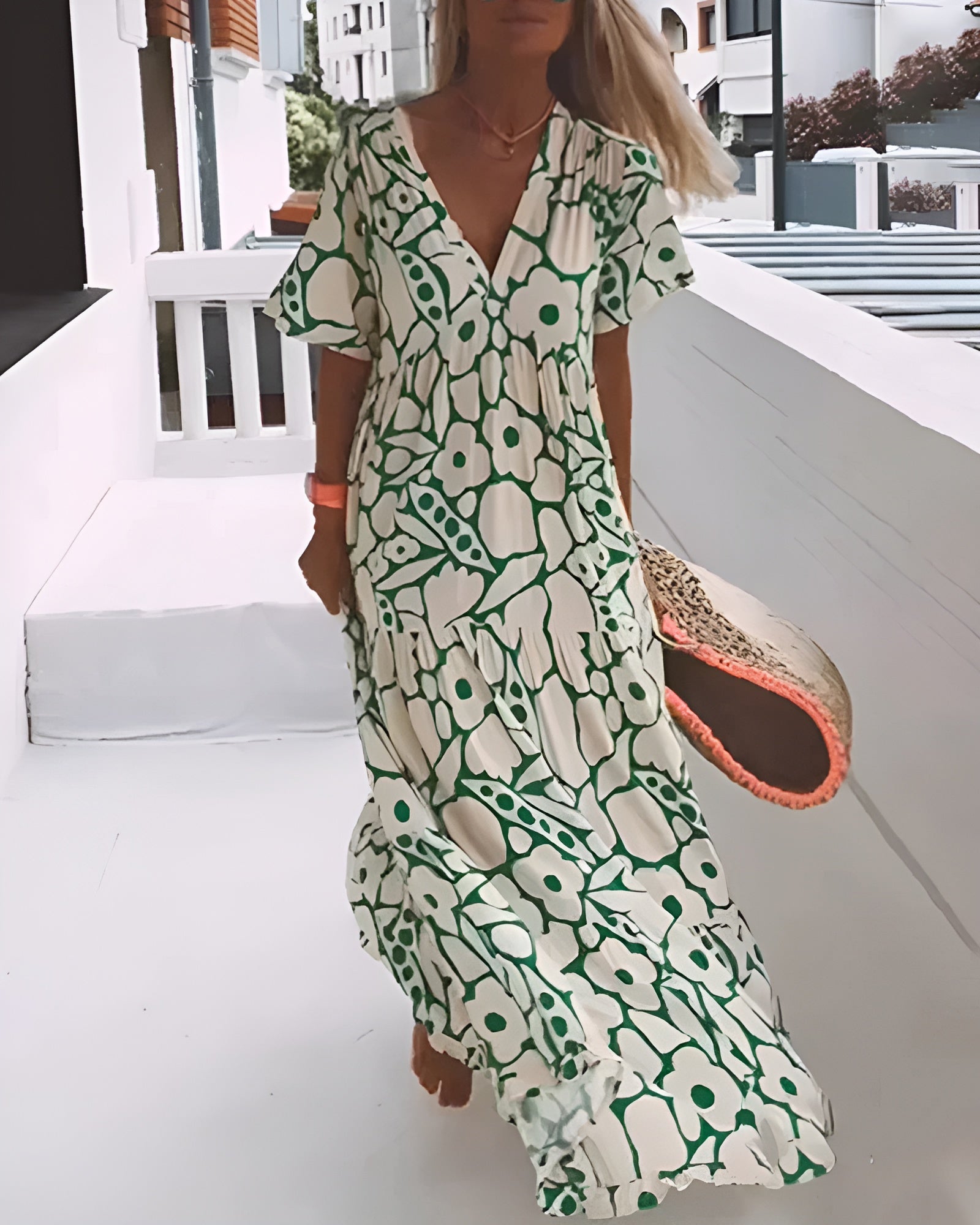 Women's Green Floral Wedding Guest Maxi Dress with Flattering Drape - photo 1