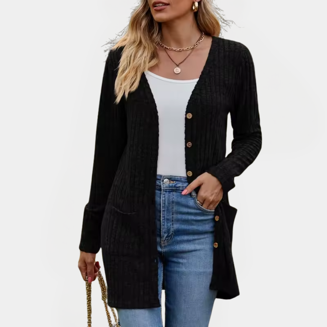 Micaela - Women's Ribbed Longline Cardigan with Button Front