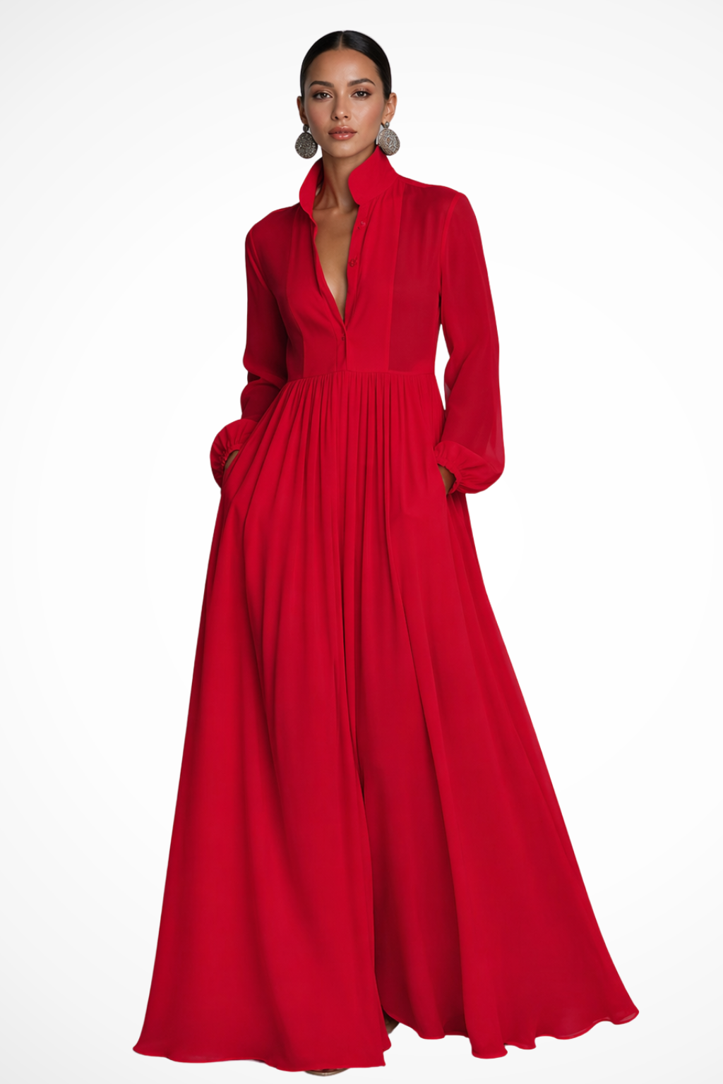 Women's Long Sleeve Maxi Dress with Button Front