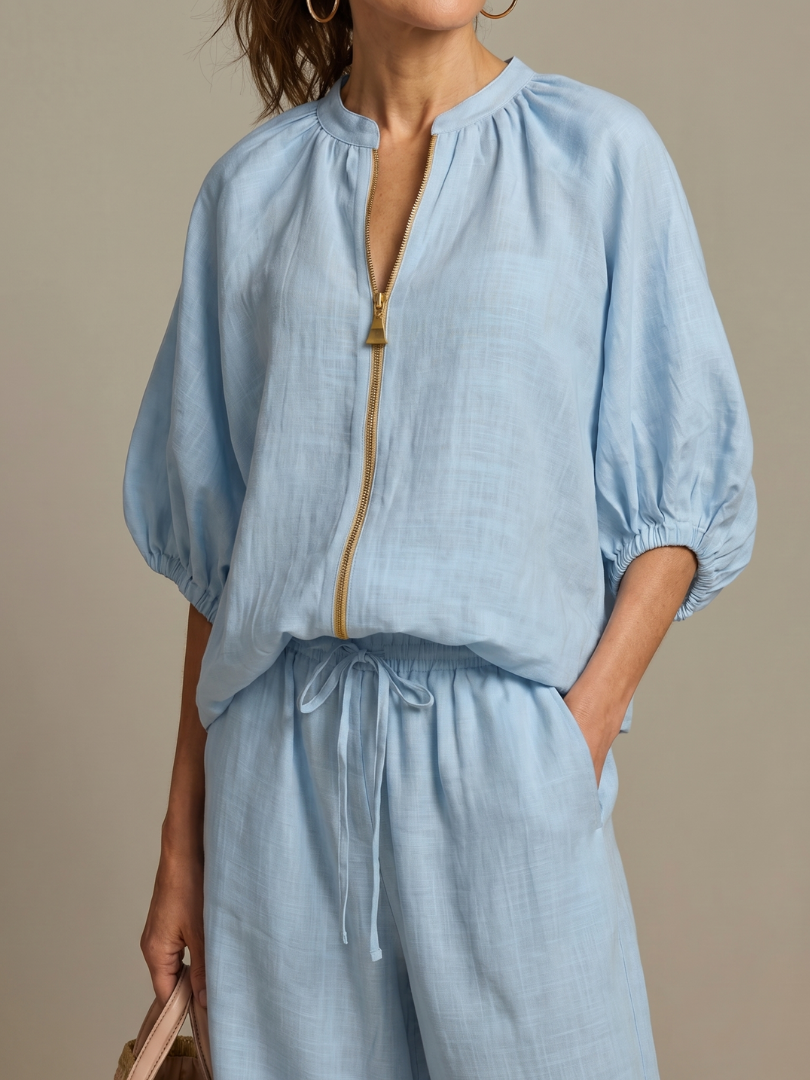 Women's Zip Front Blouson Top Wide Leg Set - photo 3