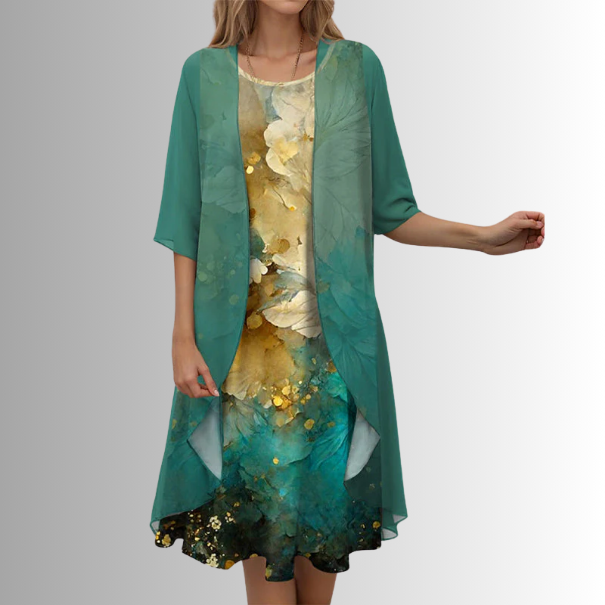 Rochie midi florală de damă, cu straturi, și cardigan transparent tip duster