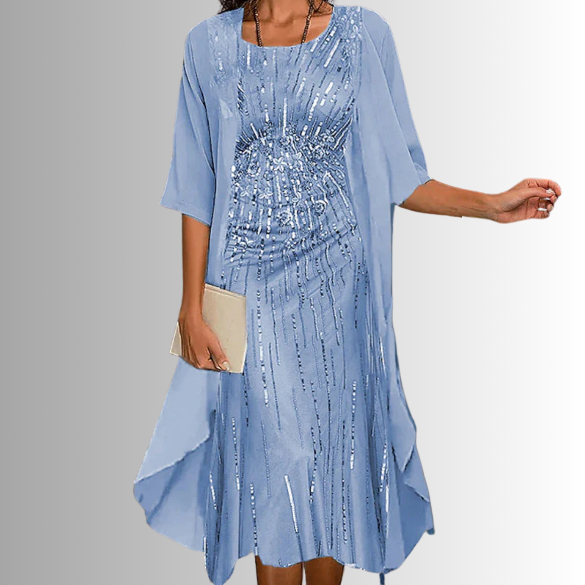 Rochie midi florală de damă, cu straturi, și cardigan transparent tip duster