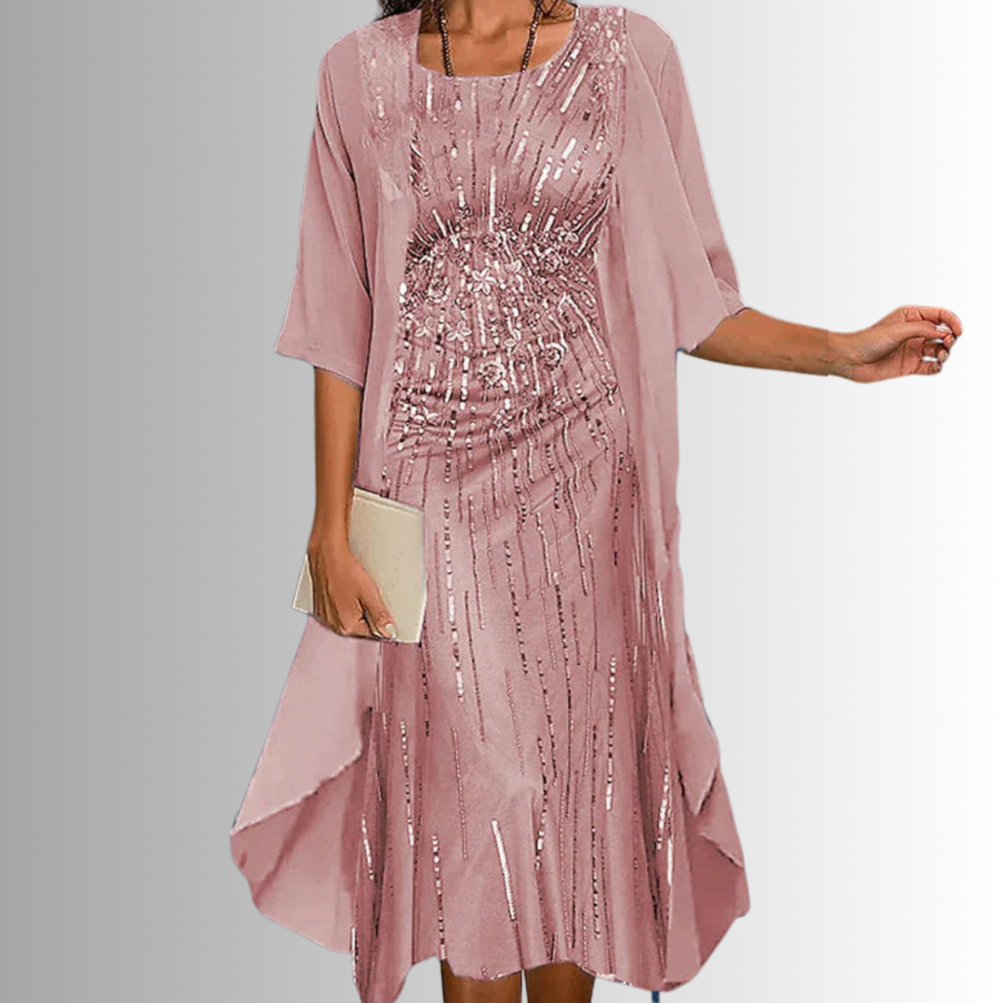 Rochie midi florală de damă, cu straturi, și cardigan transparent tip duster