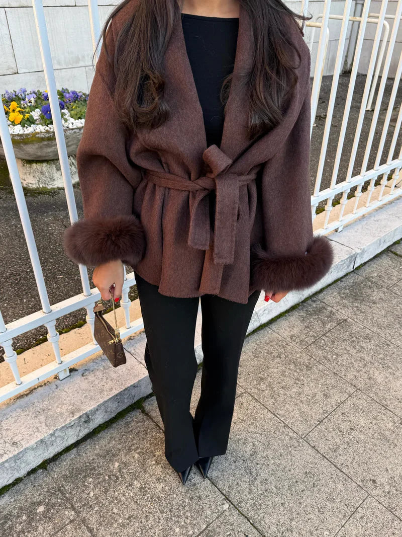 Women's Faux Fur Trim Belted Wrap Coat - photo 4