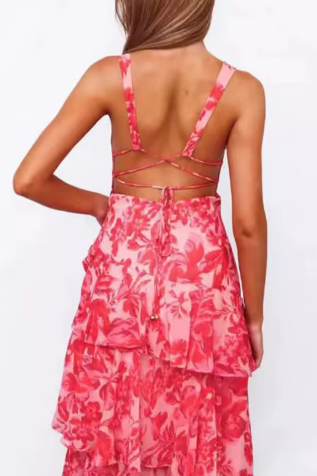 Vera - Rochie maxi de vară de damă cu decolteu în V, fără mâneci, cu volane etajate, în stil boho, cu imprimeu floral