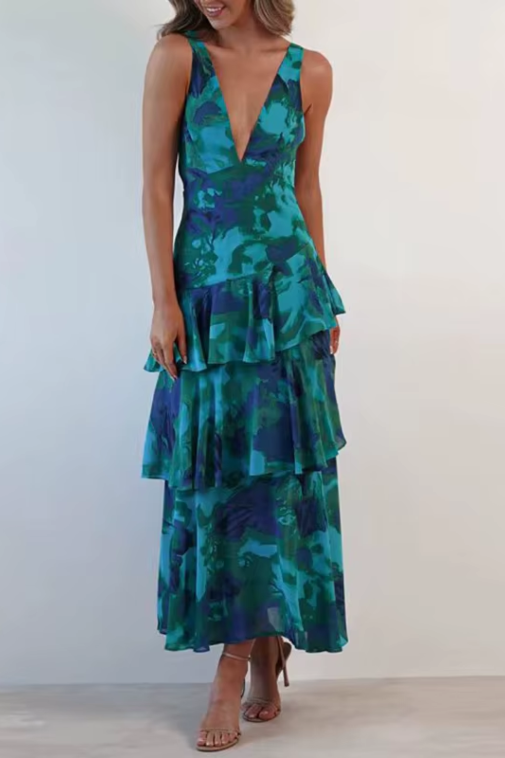 Vera - Rochie maxi de vară de damă cu decolteu în V, fără mâneci, cu volane etajate, în stil boho, cu imprimeu floral