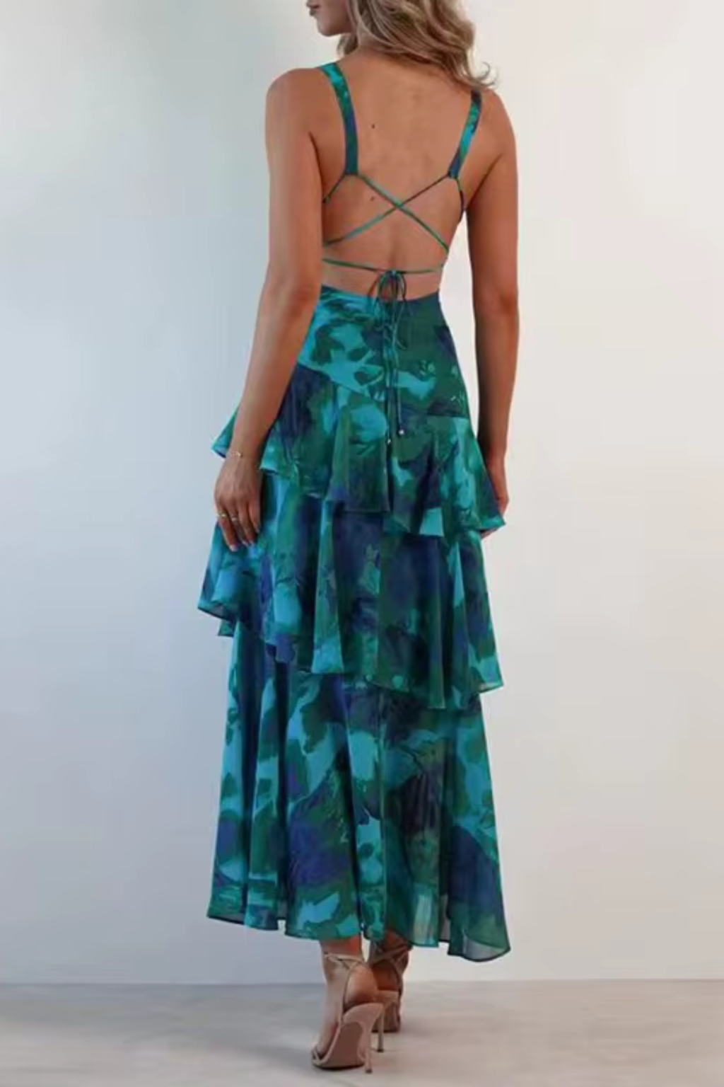 Vera - Rochie maxi de vară de damă cu decolteu în V, fără mâneci, cu volane etajate, în stil boho, cu imprimeu floral