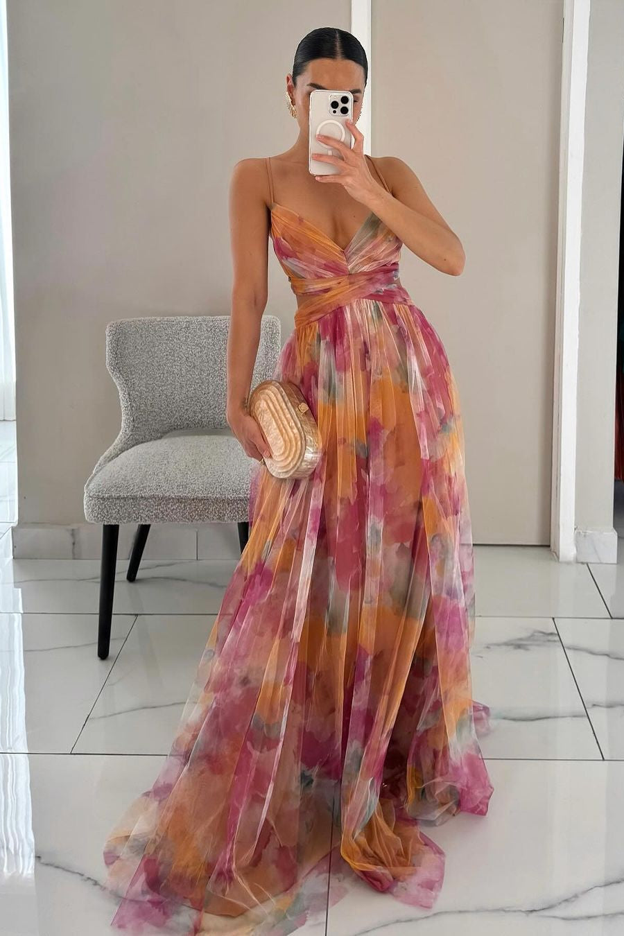 Rochie maxi florală pentru femei, potrivită pentru invitate la nuntă, cu fustă plisată