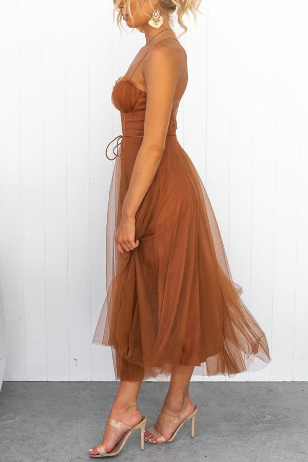 Women's Tulle Midi Dress with Spaghetti Straps