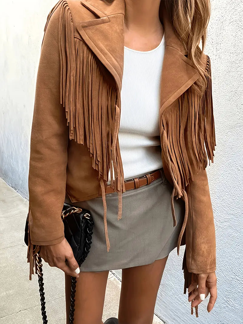 Women's Cropped Fringe Jacket in Brown