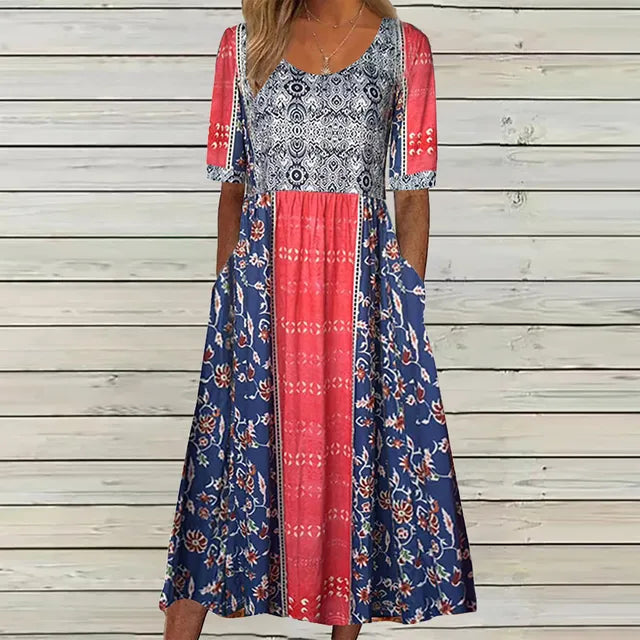 Abito midi bohémien da donna con tasche