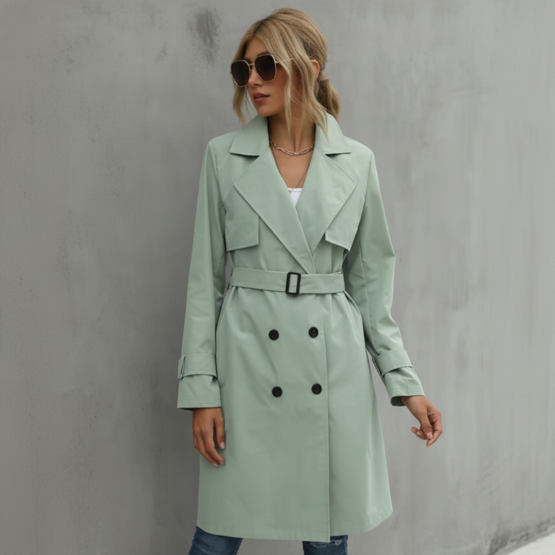 Double Breasted Belted Knee-Length Trench Coat for Women – Timeless Elegant Style