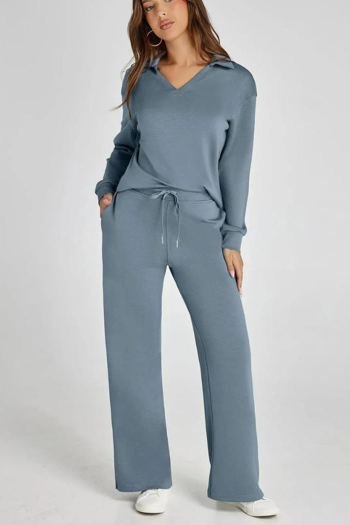 Women's Lounge Set with Collared V Neck Top and Wide Leg Pants