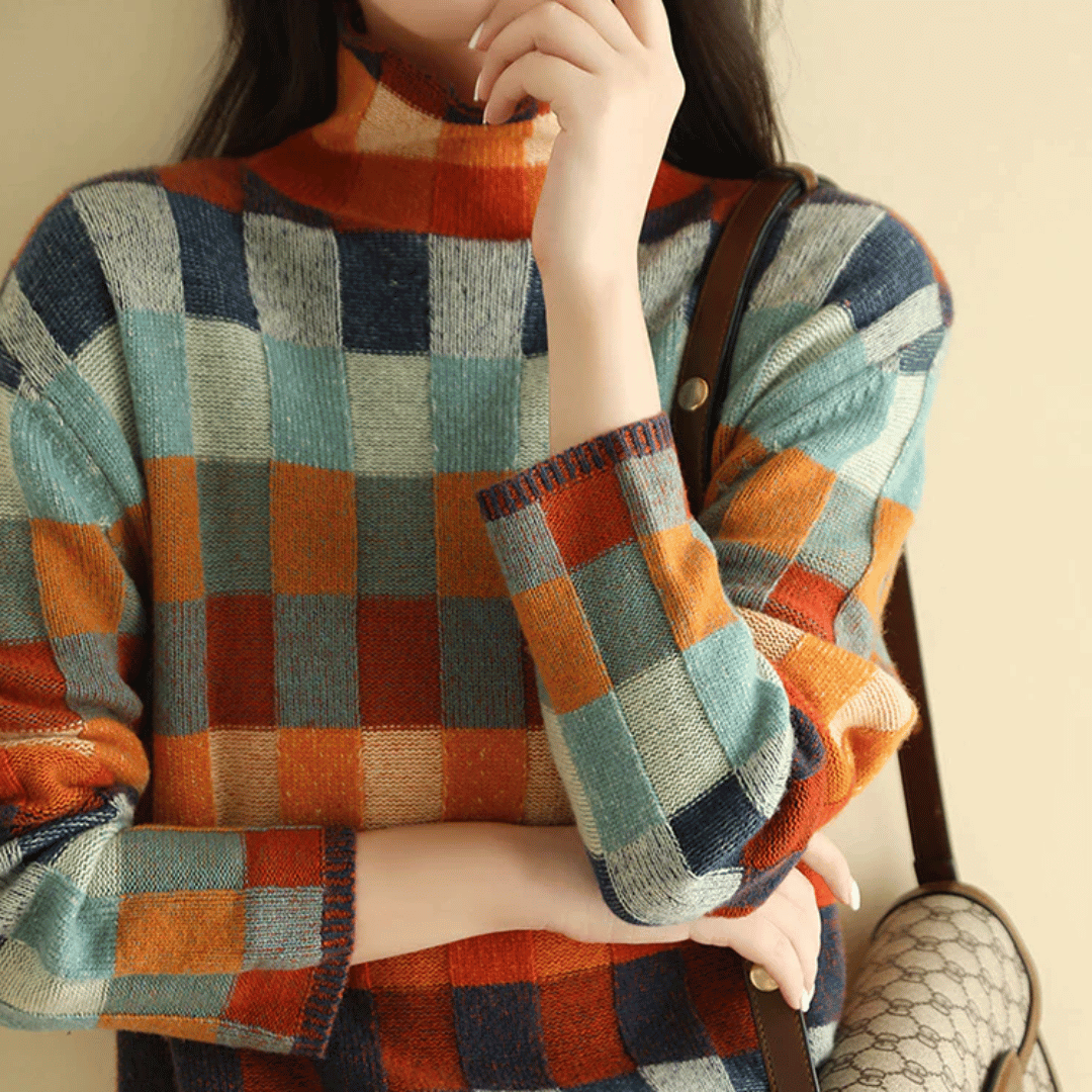 Bethany - Pulover de damă pe gât cu design patchwork