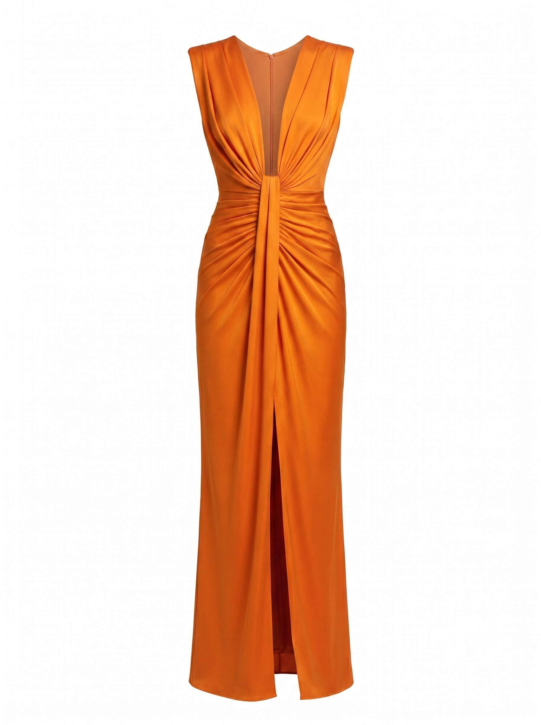 Abito lungo elegante da donna con pieghe e scollo a V