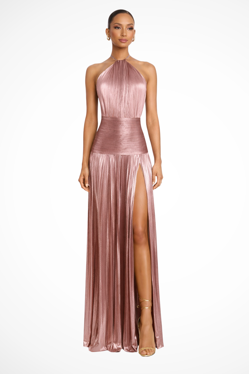 Maxi abito elegante da donna in raso con scollo all’americana, ideale per invitate a matrimoni