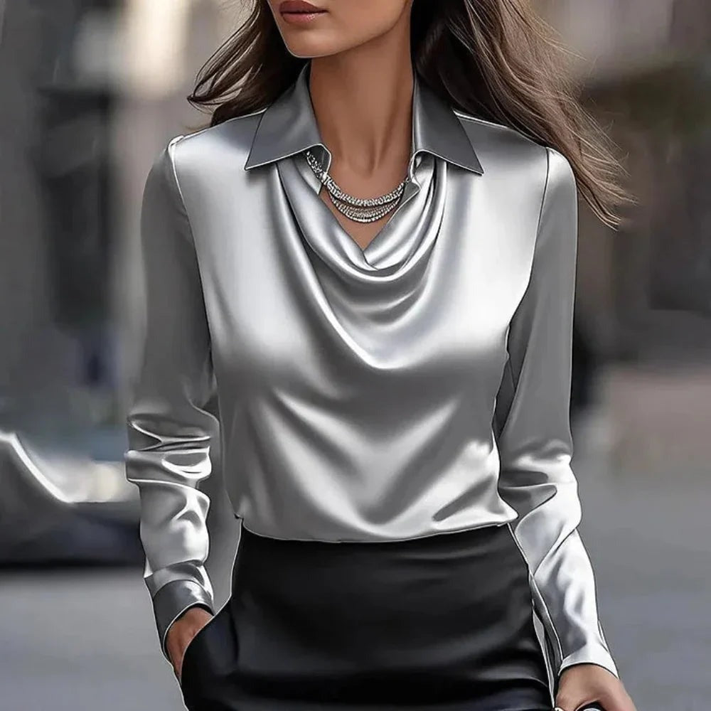 Women's Collared V-Neck Blouse with Draped Front - photo 3