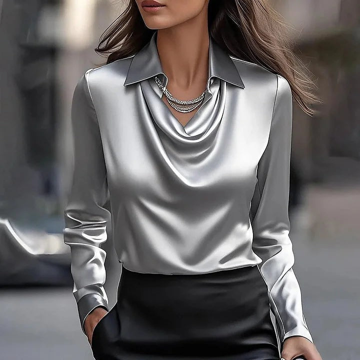 Merlina - Women's Draped Neckline Satin Blouse - photo 3