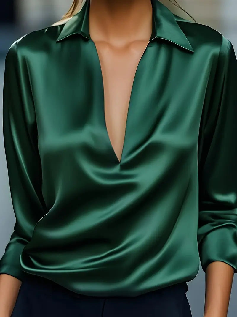 Women's V Neck Blouse with Satin Finish and Flowing Drape