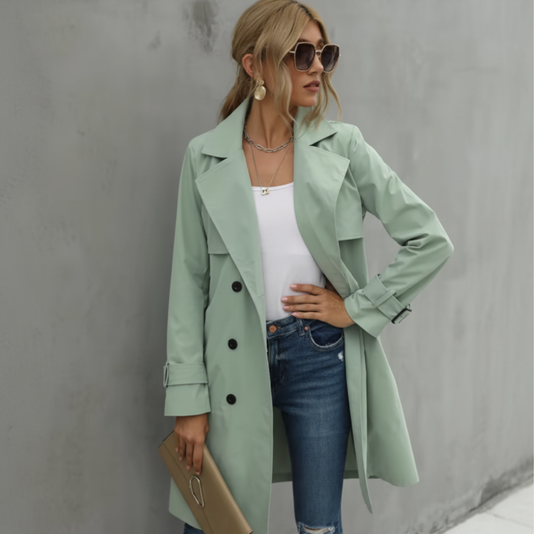Double Breasted Belted Knee-Length Trench Coat for Women – Timeless Elegant Style