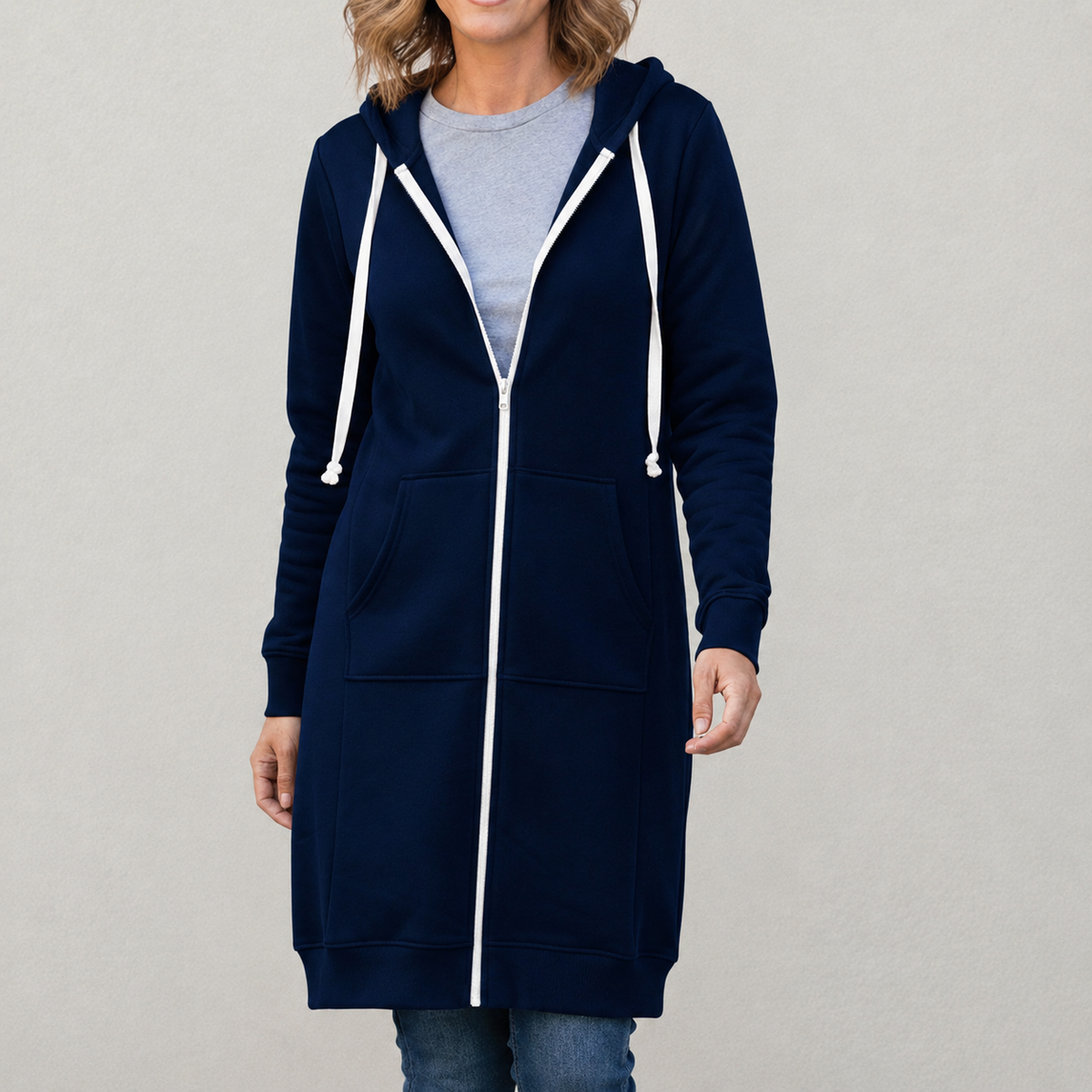 Veronica - Women's Long Hooded Jumper - Navy