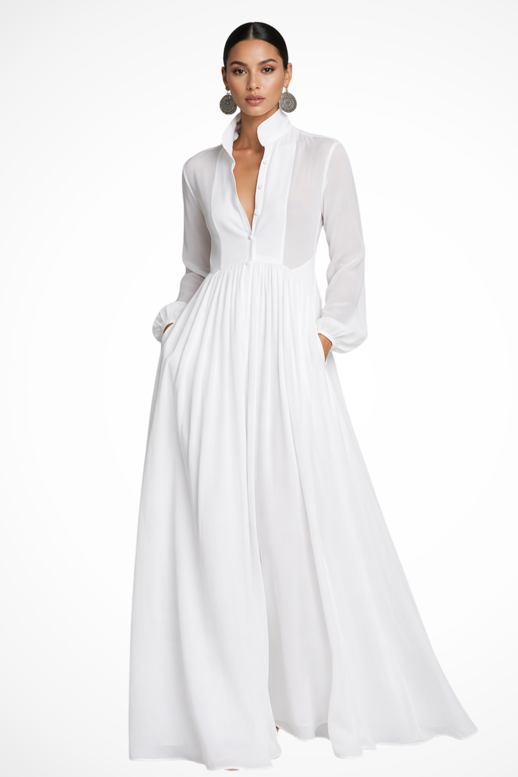 Women's Long Sleeve Maxi Dress with Button Front