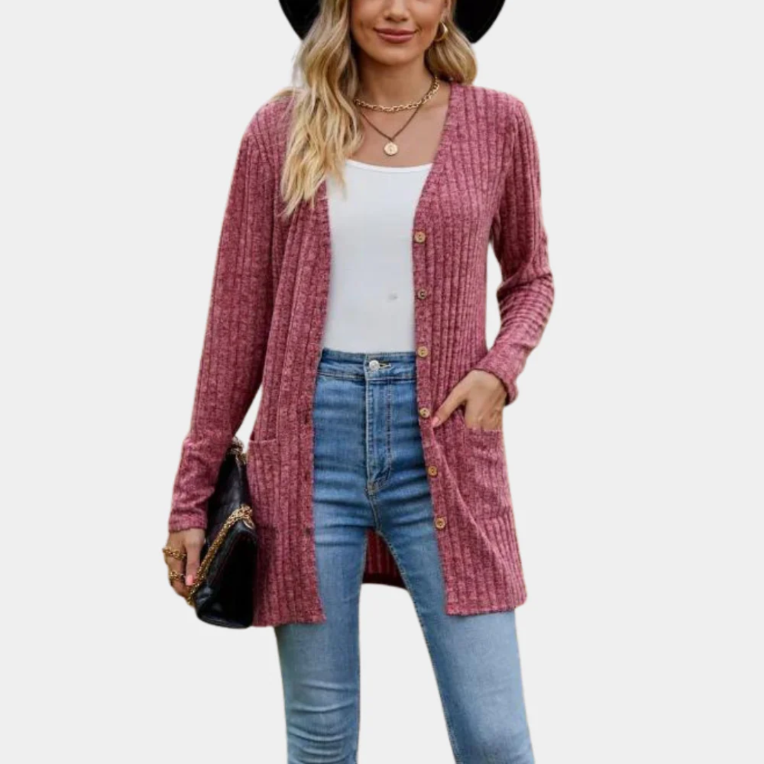 Micaela - Women's Ribbed Longline Cardigan with Button Front