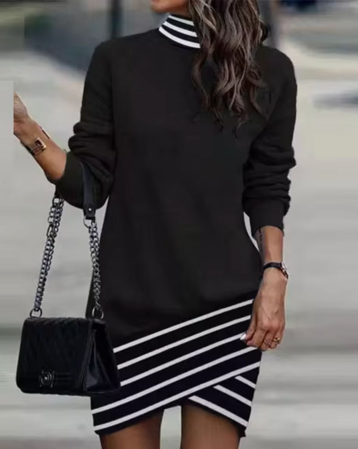 Kerrigan - Women's Relaxed Mini Dress with Asymmetric Hem - Black Stripe