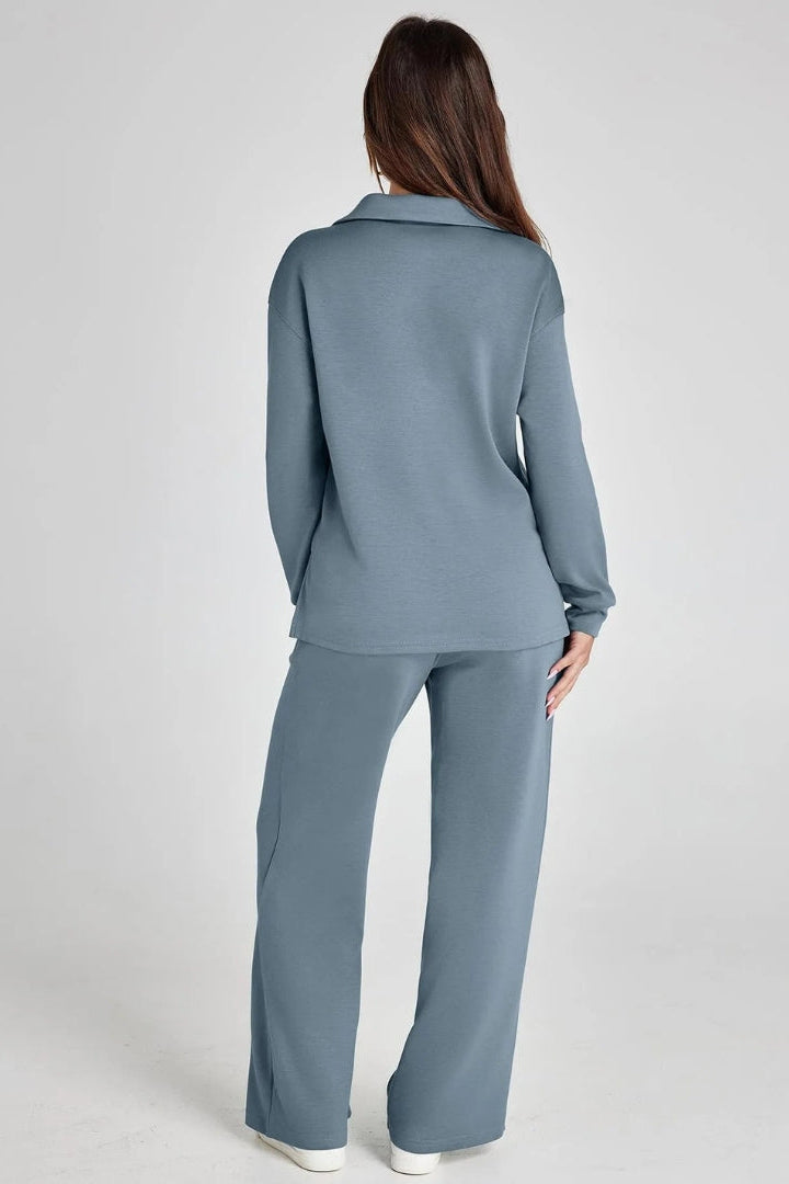 Women's Lounge Set with Collared V Neck Top and Wide Leg Pants