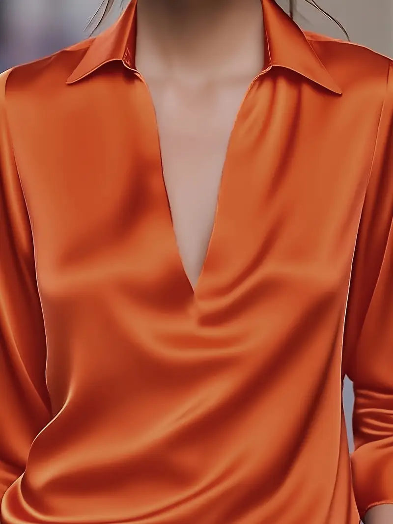 Women's V Neck Blouse with Satin Finish and Flowing Drape