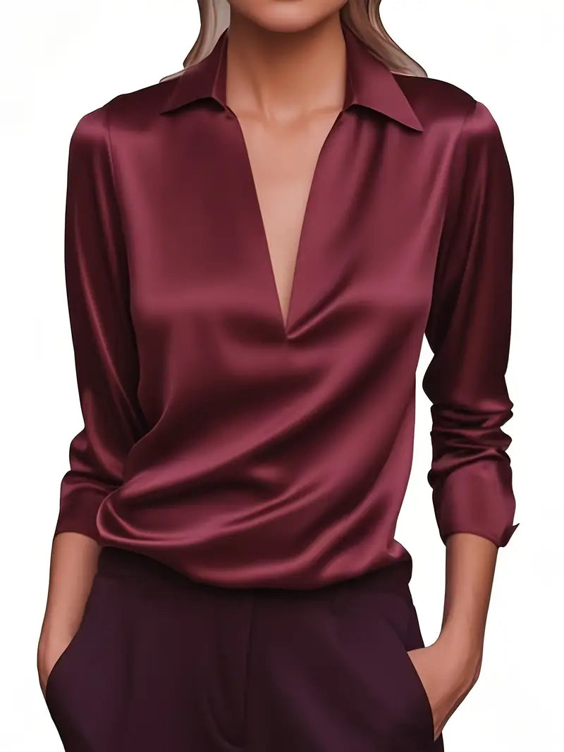 Women's V Neck Blouse with Satin Finish and Flowing Drape